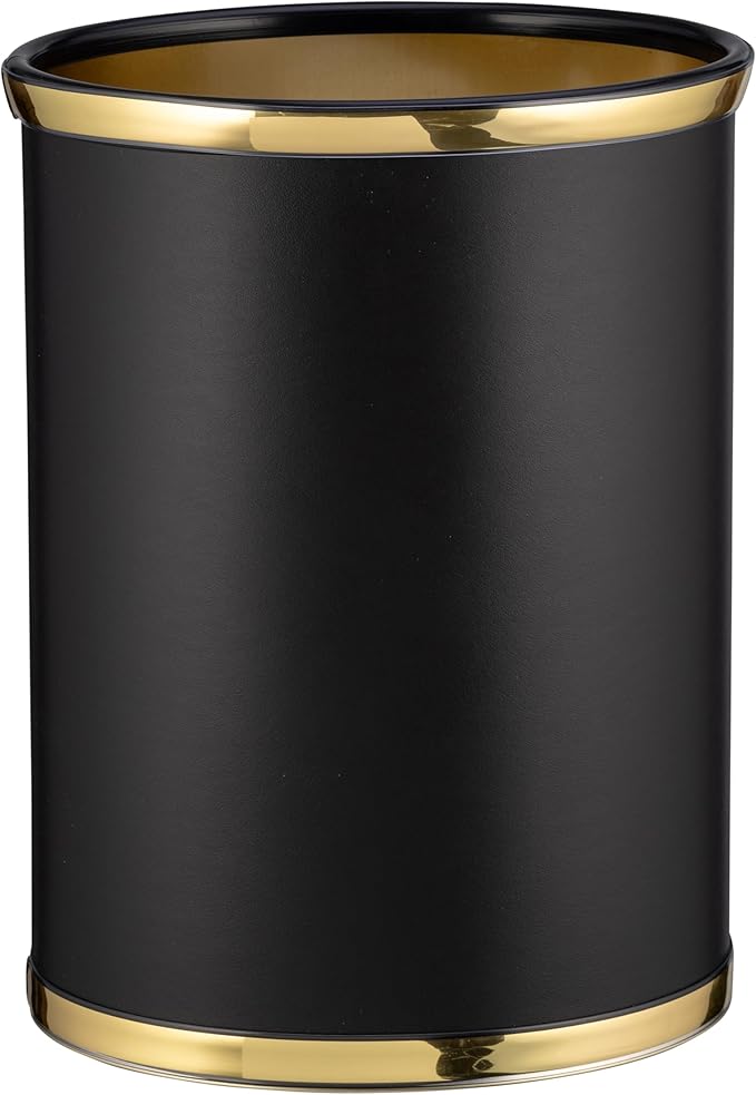 Kraftware Sophisticates Black/Polished Gold Brass Waste Basket with 3/4-Inch Bands and Brass Bumper