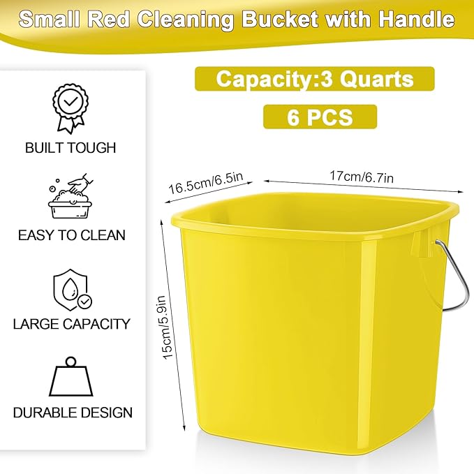 Zhehao 6 Pcs 3 Quart Bucket for Cleaning Small Sanitizer Bucket for Restaurant Square Plastic Pail with Handles for Home Offices Commercial Use Food Service(Yellow)