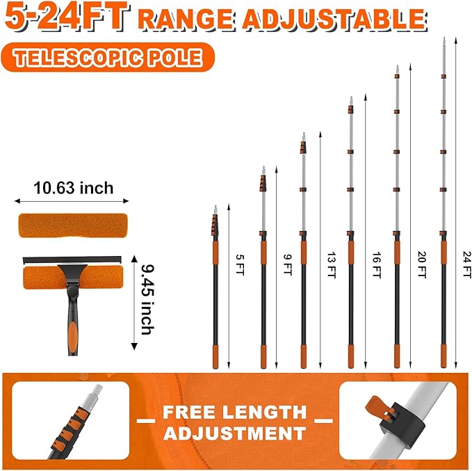 30FT Reach 2-in-1 Window Squeegee Professional Window Washing Kit with 5-24FT Extension Pole for Home Indoor Outdoor Squeegee with Rotatable Head for High Windows