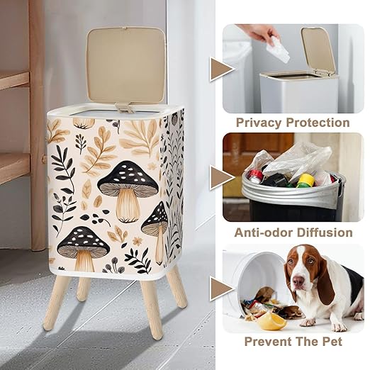 Small Trash Can with Lid Mushroom Seamless Boho Black Brown Mushroom Forest Vintage Mushrooms 2.6 Gallon/10L Garbage Can Waste Bin with Pop-Up Lid Wood Legs Wastebasket for Bathroom Kitchen Bedroom