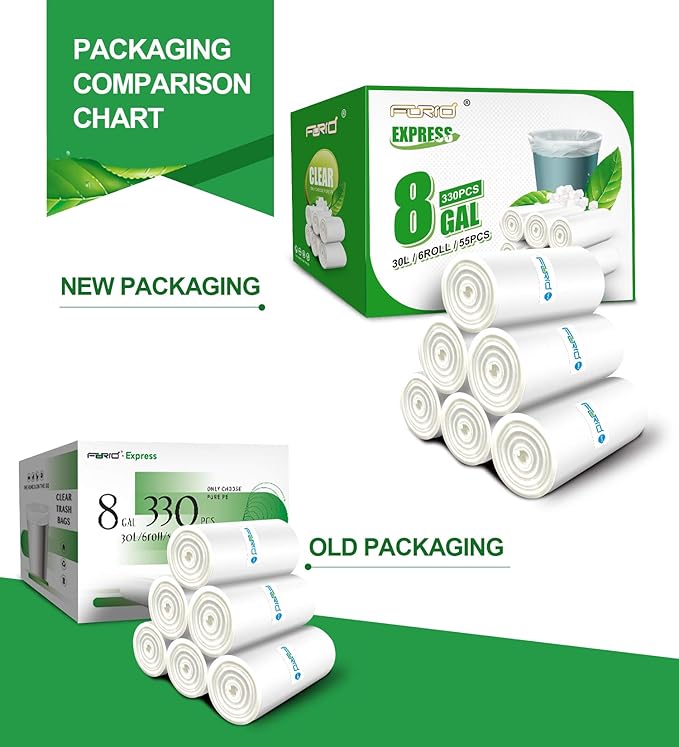FORID Clear Trash Bags 8 Gallon Garbage Bags Wastebasket Bin Liners 330 Count Plastic Trash Bags for Bathroom Bedroom Office Garbage Can 30 Liters - Durable &amp Thick Trash Bag - Medium