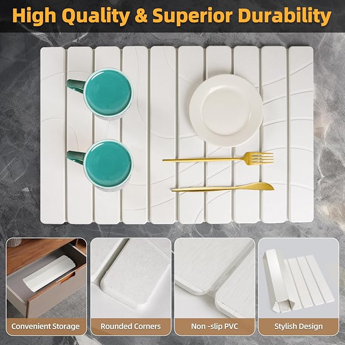 2 PCS Large Stone Dish Drying Mats for Kitchen Counter - Large 24x16 &amp Small 8x4 Dish Drying Mat Fast Drying Collapsible Dish Drying Mat Cups Bottles Match Any Counter Top