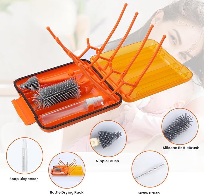 Bottle Brush Cleaner Kit with Baby Bottle Drying Rack Exendable Silicone Bottle Brush Nipple Brush Straw Brush Soap Dispenser &amp Storage Box. Compact Size for Babies and Moms