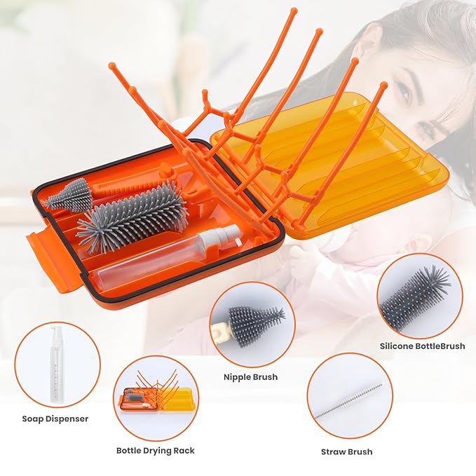 Rrwin Bottle Brush Cleaner Kit with Baby Bottle Drying Rack Exendable Silicone Bottle Brush Nipple Brush Straw Brush Soap Dispenser &amp Storage Box. Compact Size for Babies and MomsOrange