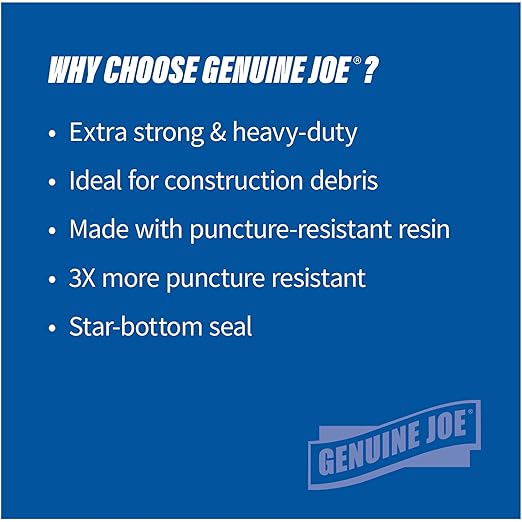 Genuine Joe GJO01535 Heavy Duty Low-Density Puncture Resistant Can Liner 60 gallon Capacity 56 Length x 39 Width x 1.50 mil Thickness Black (Box of 50)