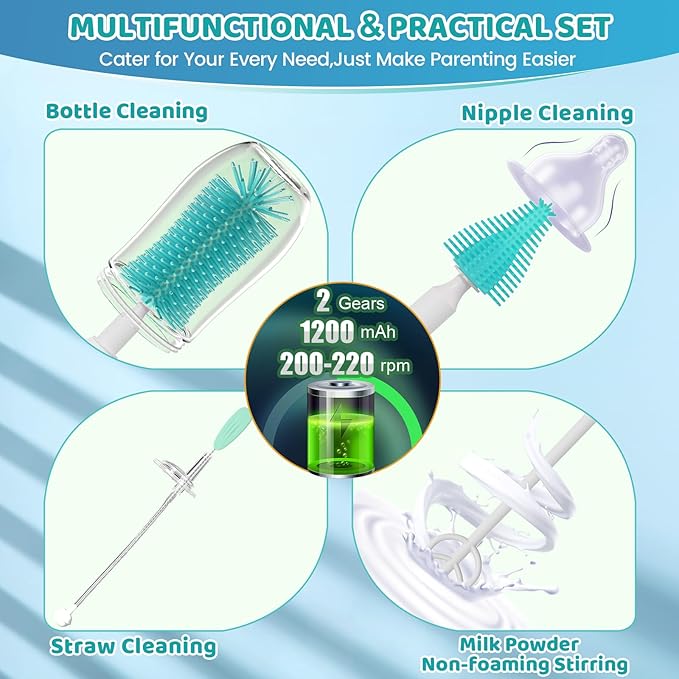 IvyWind Electric Travel Baby Bottle Brush Set with Storage Box Automatic Bottle Cleaner Brush Kit with Silicone Bottle/Nipple/Straw Brush Milk Frother Electric and Drainage Rack Rechargeable Green