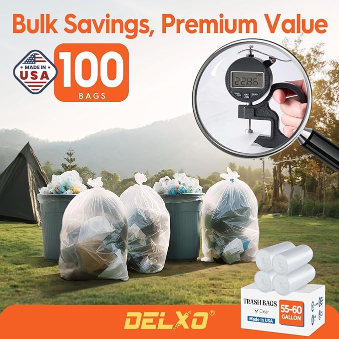 Delxo 55-60 Gallon Trash Bags 100 Count – 0.9 Mil Medium Duty Garbage Bags Durable &amp Puncture-Resistant Plastic Bolsas para basura Perforated Design– Made in USA for Kitchen Yard Office (Clea