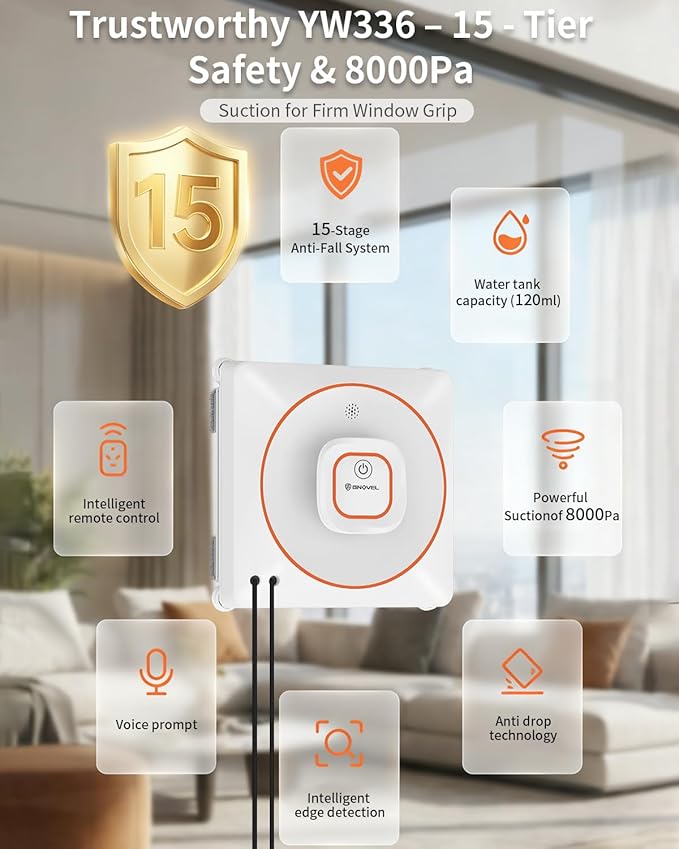 Window Cleaning Robot 8000Pa Suction Robot Window Cleaner 4 Cleaning Modes with Intelligent Path Planning 15-Stage Anti-Fall System Remote Control for Glass Windows Mirrors Tiles