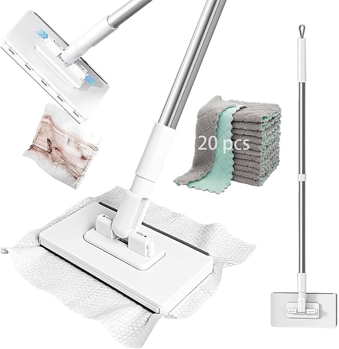 2026 Upgraded Snap Grip Mini Mop Zero Touch Hands-Free Mini Mop with Automatic Push Pull Handle Cloth Changing Retractable Disposable Dust Mop for Multi-Surface Home Cleaning(White20pc)