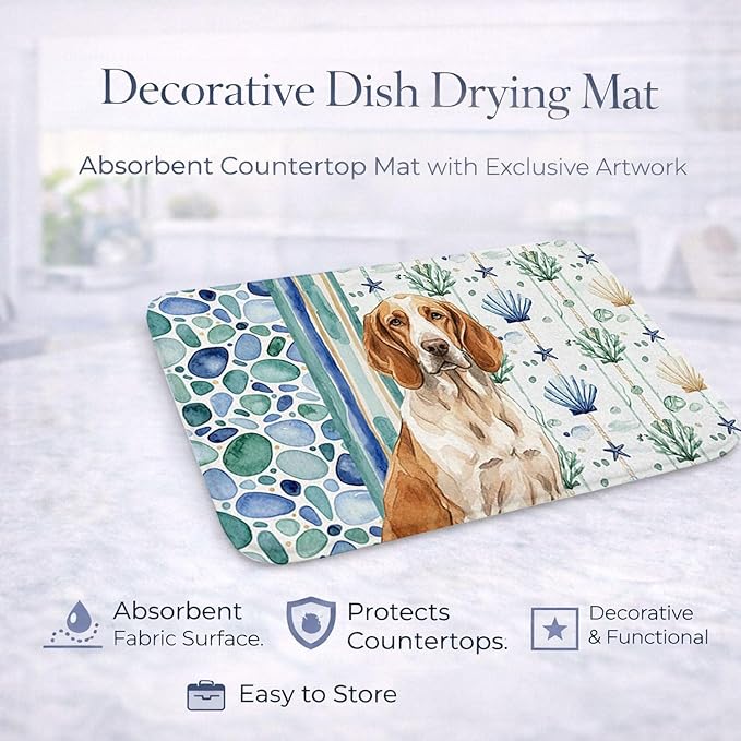 Caroline's Treasures Bracco Italiano Coastal Sea Glass Dish Drying Mat Absorbent Dish Drying Mat Pad for Kitchen Counter Dish Drainer Mat for Countertop 14 x 21 Multicolor