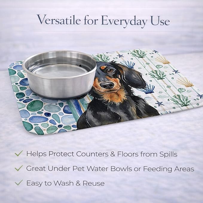 Caroline's Treasures Longhaired Black and Tan Dachshund Coastal Sea Glass Dish Drying Mat Absorbent Dish Drying Mat Pad for Kitchen Counter Dish Drainer Mat for Countertop 14 x 21 Multicolor