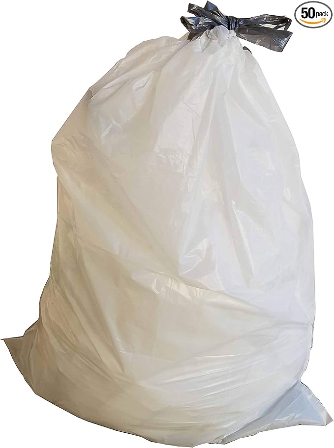 PlasticMill Drawstring Trash Bags - White Garbage Bags - Plastic Trash Bags - Kitchen Bathroom Office Garbage Bags Trash Can Liners - 8-Gallon Small Trash Bags 0.7 Mil 22x22 (50-Count)
