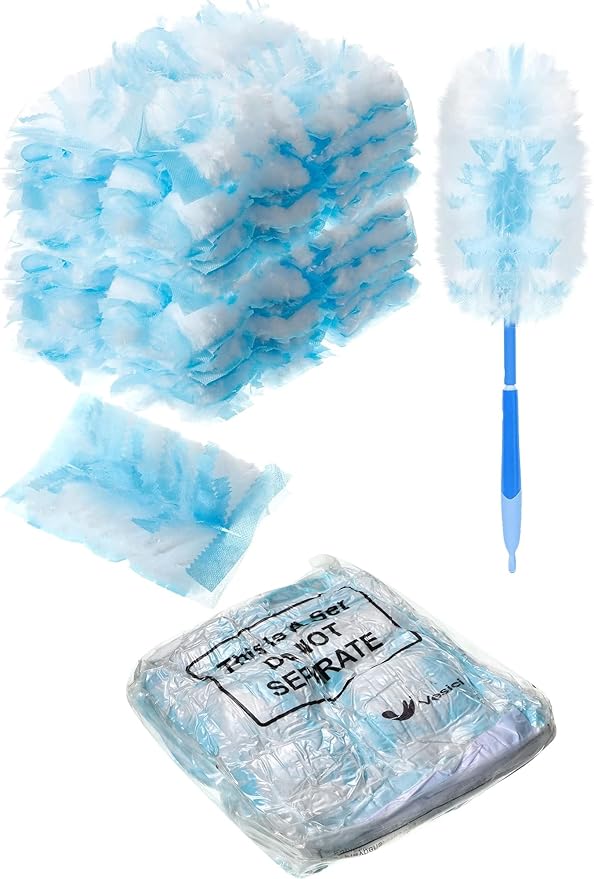 Vesici 100 Pcs Duster Refills Compatible with Swiffer Dusters Bulk Disposable Replacement Thickened with 1 Handle Heavy Duty for Cleaning Office (Blue)