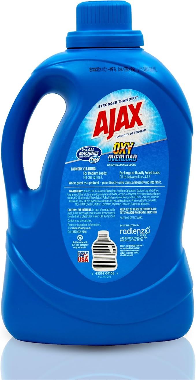 SOILOVE 1 Gallon Laundry Stain Remover &amp Ajax 134oz Oxy Overload Liquid Laundry Detergent – Ultimate Stain-Fighting &amp Freshness Duo for Tough Stains &amp Clean Clothes