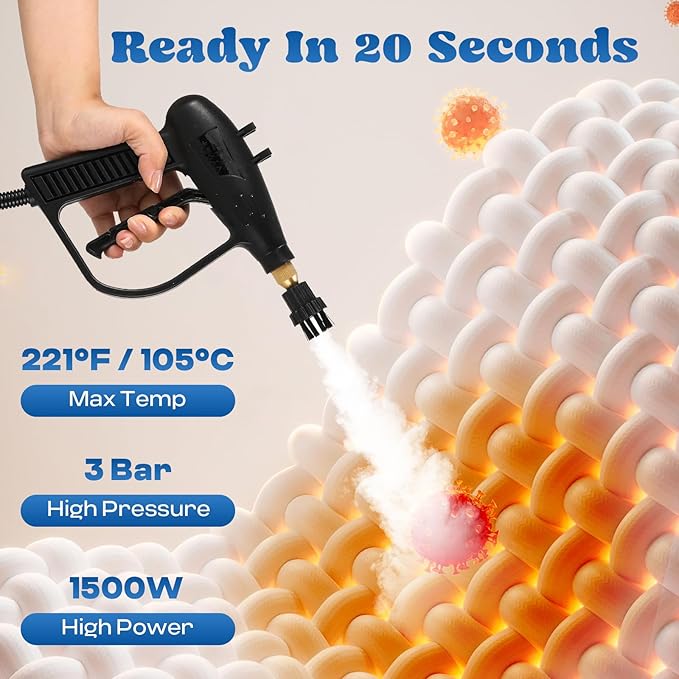 Moongiantgo High Pressure Steam Cleaner 1500W Handheld Steamer for Cleaning Portable Tankless Pressurized Cleaning Machine for Car Detailing Grout Tile Commercial Home Kitchen Bathroom (Black)