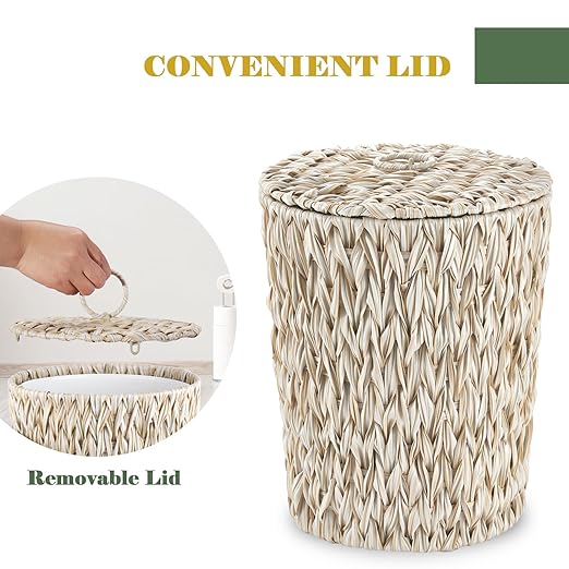 Woven Trash Can with Lid and Liner 4 Gallon Bathroom Garbage Can Boho Decorative Handwoven Plastic Wicker Waste Basket for Bathroom Bedroom Living Room Office Home (Beige)