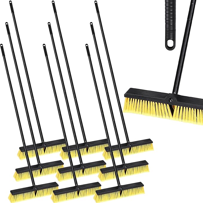 Zhehao 10 Pack 18 Inches Push Broom Outdoor Multi Surface Garden Brush Broom with Adjustable 63 Long Handle for Deck Driveway Patio Warehouse Garage Yard Concrete Floor Cleaning (Yellow)