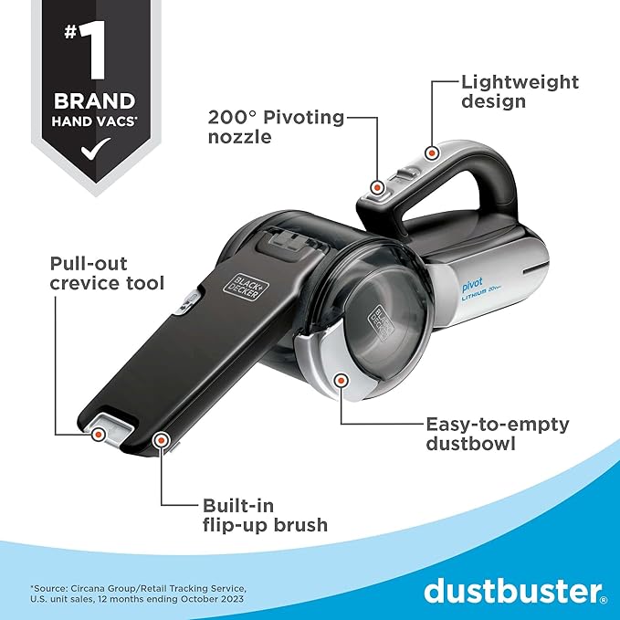 BLACK+DECKER dust buster PIVOT VAC Handheld Vacuum Cordless Car Vacuum Portable Rechargeable Extendible Crevice Tool and 200 Degree Pivoting Nozzle Strong Suction Lightweight (BDH2000PL)