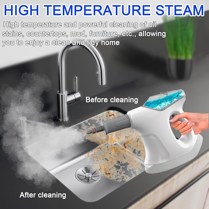 Handheld Steam Cleaner for Home 10S Immediate Heat Hand Held Steam Cleaner with Visualized Large Water Tank &amp 9 PCS Accessories &amp Safety Lock for KitchenCouchFloorWindowCar (WHITE+GREY)