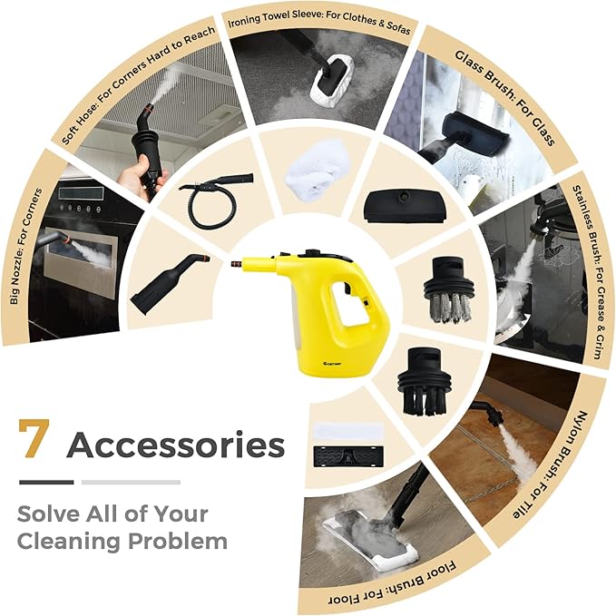 SAFSTAR Handheld Steam Cleaner 1400W Pressurized Steamer with 14-Piece Accessories &amp Child Lock Multipurpose Portable Steam-shot Steam Mop for Cleaning Kitchen Floor Sofas Car Windows (Yellow)