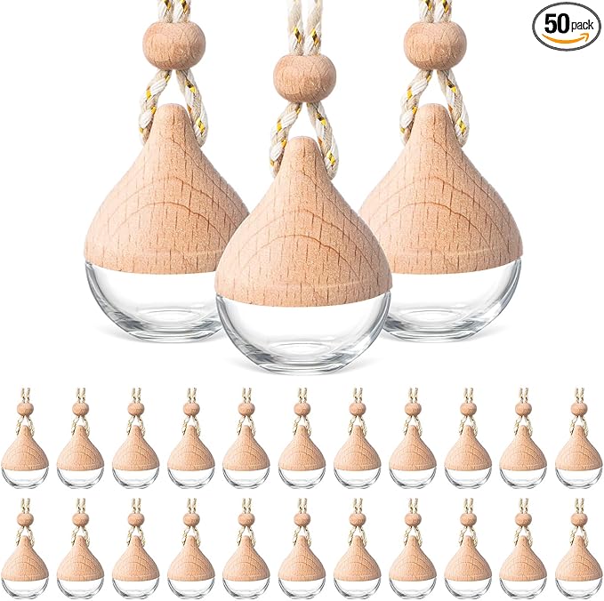 BBTO 50 Pcs Hanging Car Air Freshener Car Diffuser Bottles Empty Glass Perfume Bottle Freshener Diffuser Bottle Pendant for Essential Oil Fragrance Aromatherapy Ornament(Water Drop)