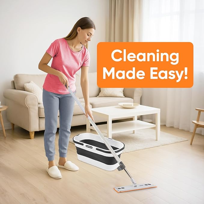 Superio Fold N' Go 10L Collapsible Mop Bucket with Wheels &amp Self-Wringing Microfiber Flat Mop - Portable Hands-Free Cleaning Set for Home Car Kitchen Bathroom Hardwood &amp Tile Floors
