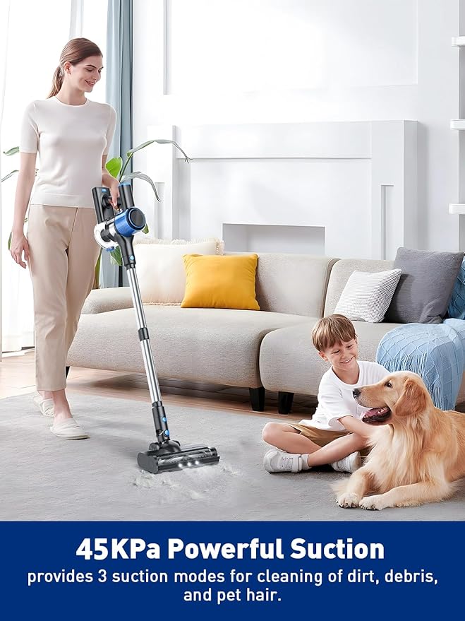 Cordless Vacuum Cleaner 8 in 1 Powerful Suction Lightweight Vacuum Cleaner for Home LED Display 3 Suction Modes 45Mins Detachable Battery Vacuum for Hard Floor Carpet Pet Hair