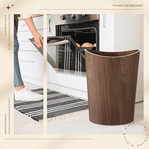 2 Pack 2.3 Gallons Wood Trash Can Wastebasket Natural Wood Round Wastebasket Small Trash Bin for Home Office Under Desk Kitchen Bedroom Den Hotel Room (Dark WoodWavy)
