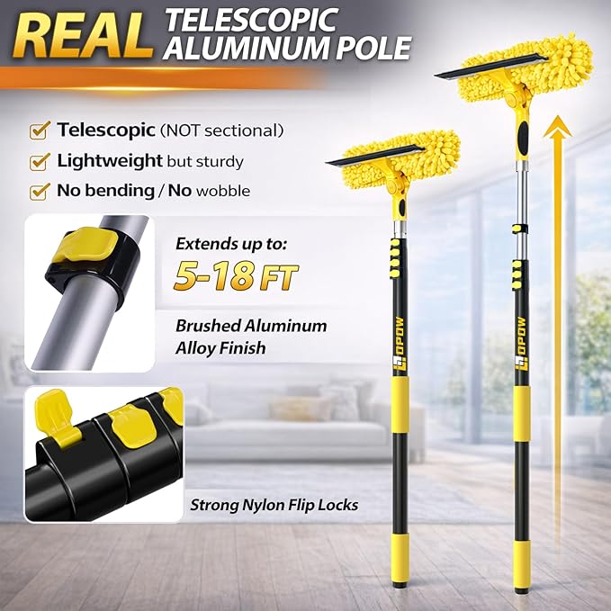 24FT High Reach Window Squeegee with Extension Pole 2-1 Window Washing Kit with 5-Stage Telescopic Pole &amp Rotatable Head No-Ladder Window Cleaner for High Window Solar Panel RV &amp Outdoor G