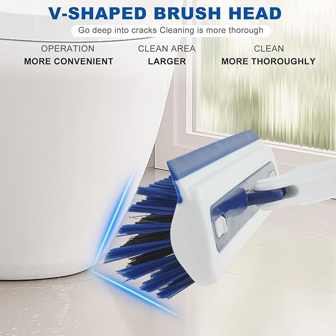 Floor Scrub Brush with Long Handle Floor Grout Scrub Brush 2 in 1 Heavy Duty Stiff Bristle Scrubber with Squeegee for Scrubbing Deck Tile Garage Floor Patio Concrete Shower Bathroom