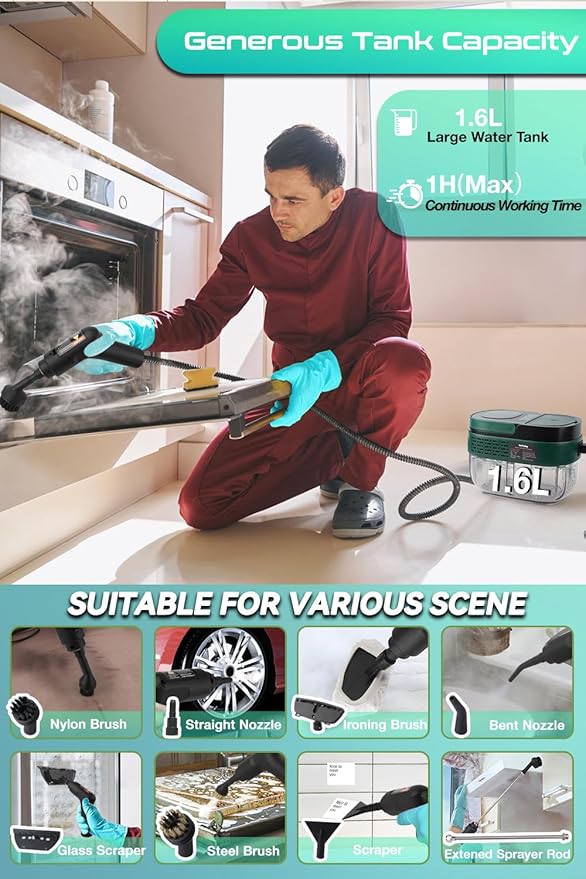 Handheld Steam Cleaner with Handle Control 1.6L Large Water Tank 3-Level Adjustable Thickened Hose Portable Steam Cleaner High Temperature Pressurized Steamer for Home Kitchen Car (Dark Green)