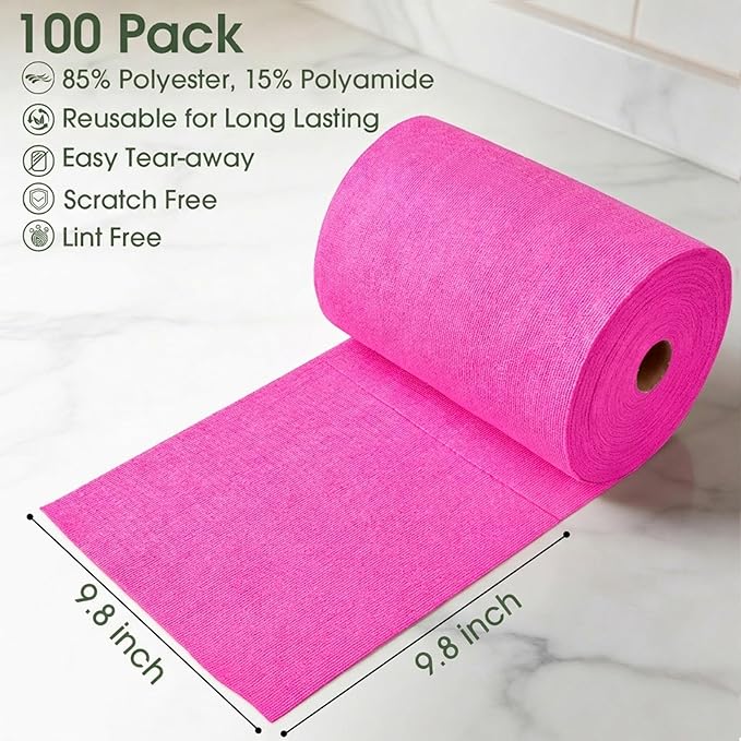 Microfiber Cleaning Cloth Roll - 100 Pack Tear Away Microfiber Paper Towels Reusable Washable Scratch-Free Kitchen Towels for Car Home Kitchen Glass Dishes (Hot Pink)