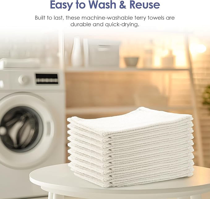 Terry Cloth Rags for Cleaning (60PCS) Bag of Rags White 100% Cotton Bar Mop Paint Cloth and Multipurpose Kitchen Auto Staining Lint Free Absorbent Washable Towel 15x18 in
