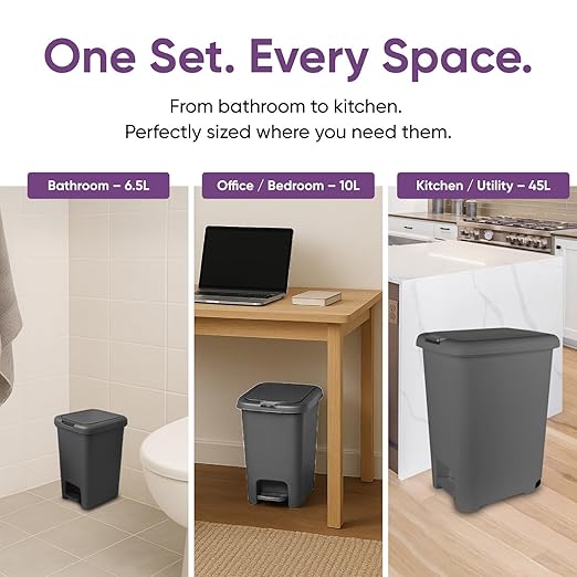 Superio 6.5L 10L and 48L Slim Step &amp Push Trash Cans - 3 Pack Dual Opening Smooth Matte Finish Durable Plastic - Grey