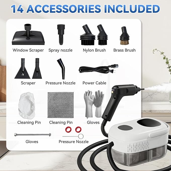 Steam Cleaner2500W High-Pressure Steamer for Cleaning 15s Fast Heat-Up&amp1.4L Large Tank3-Level Adjustable Handle with 14 AccessoriesPortable Steam Cleaner for HomeCarFurnitureBathroom