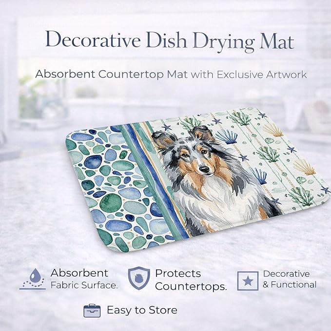 Caroline's Treasures Blue Merle Sheltie Coastal Sea Glass Dish Drying Mat Absorbent Dish Drying Mat Pad for Kitchen Counter Dish Drainer Mat for Countertop 14 x 21 Multicolor
