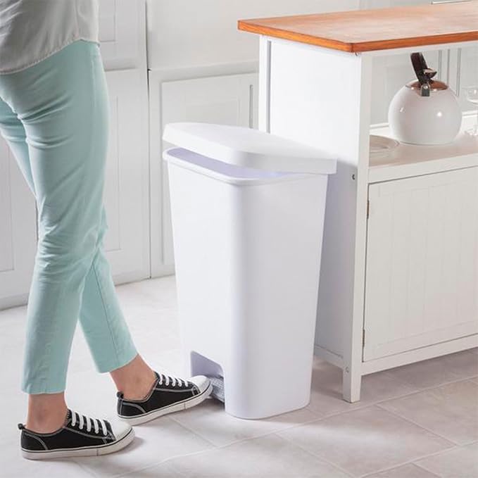 Sterilite 11.9 Gallon Rectangular Step On Kitchen Plastic Indoor Wastebasket with Wide Opening Lid and Comfort Handle for Home White (12 Pack)