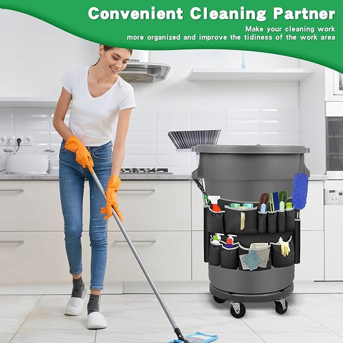Trash Can Cleaning Tool Bag Trash Can Caddy Bag Multi Pockets Fit 32-55 Gallon Garbage Bin for Cleaning Janitorial Duty