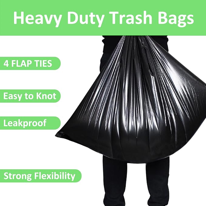 40-45 Gallon Heavy Duty Trash Bags 60 Count 1.2 Mil with 4 Innovative Flap Ties | Compatible with Rubbermaid Brute &amp Winco &amp Behrens 40-45 Gallon Round Trash Can | Tear &amp Leak Resistant Bl
