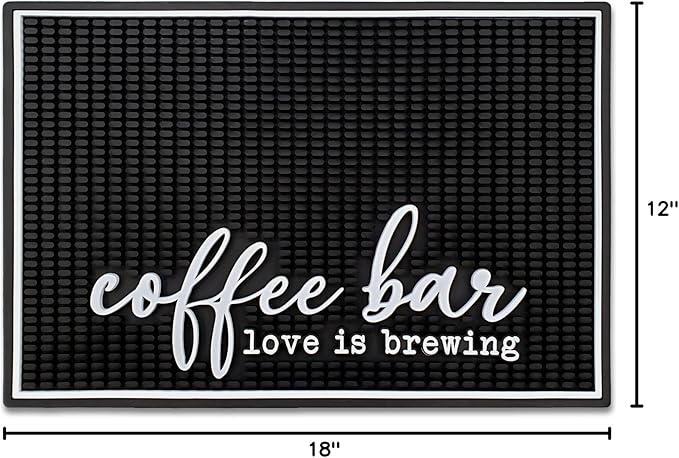 New Mungo Coffee Bar Mat – “Love Is Brewing” – Spill-Proof PVC Coffee Station Mat Non-Slip Countertop Protector 18x12