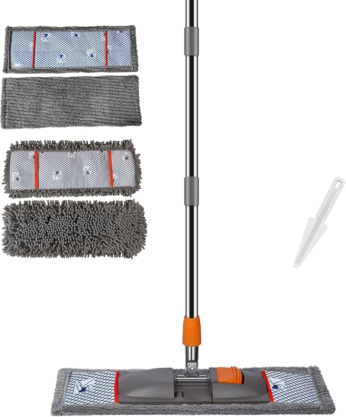 57-inch Professional Microfiber Mop Floor Cleaning Kit with 4 Washable mop Pads for Multiple Floor Surfaces. Features an Extra-Long Telescopic Handle for deep-Reach Cleaning in Hard-to-Reach Corners