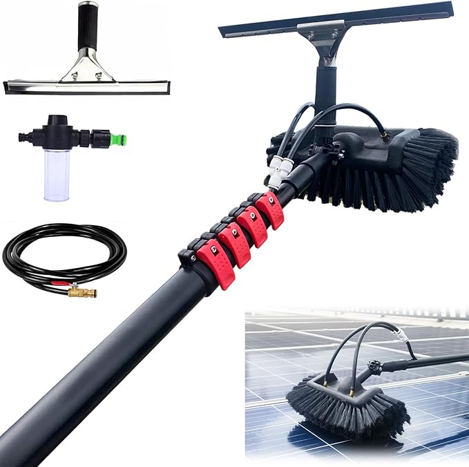Glass Cleaning Brush Home Water Fed Telescopic Pole Kit Solar Panel Brush Rotating for Photovoltaic PanelTelescopic Cleaning Brush with Water Powered Soap Dispenser for Solar Panels Windows