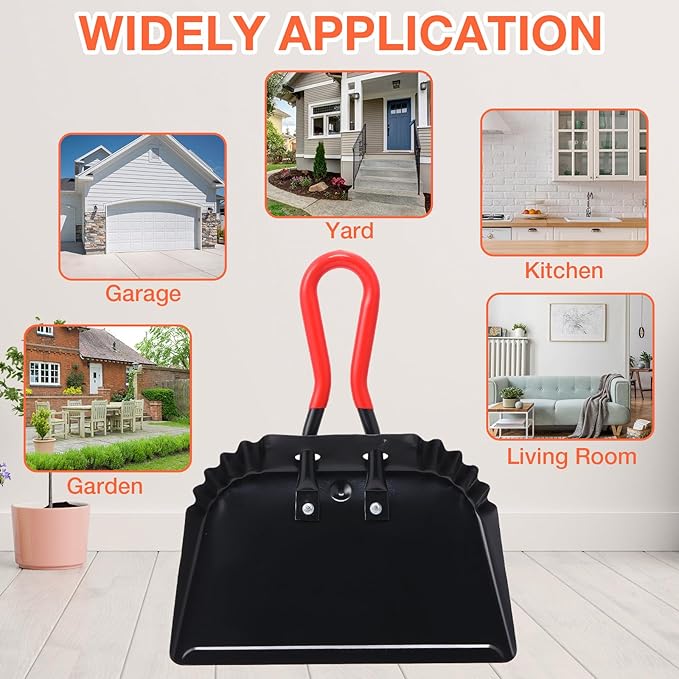 Uiifan 4 Pcs Industrial Metal Dustpans 12 Heavy Duty Dust Pan with Handle Commercial Dustpan Wide Scooper Dust and Debris Sweeping Tool Precision Edge Rubber Grip Loop Handle (Black)