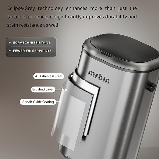 MRBIN Stainless Steel Adsorption Motion Sensor Trash Can Removable 18L / 4.8gal Automatic Absorbing Bag Lidded Garbage Bin with Wheels Waste Basket for Kitchen Bathroom Eclipse Grey
