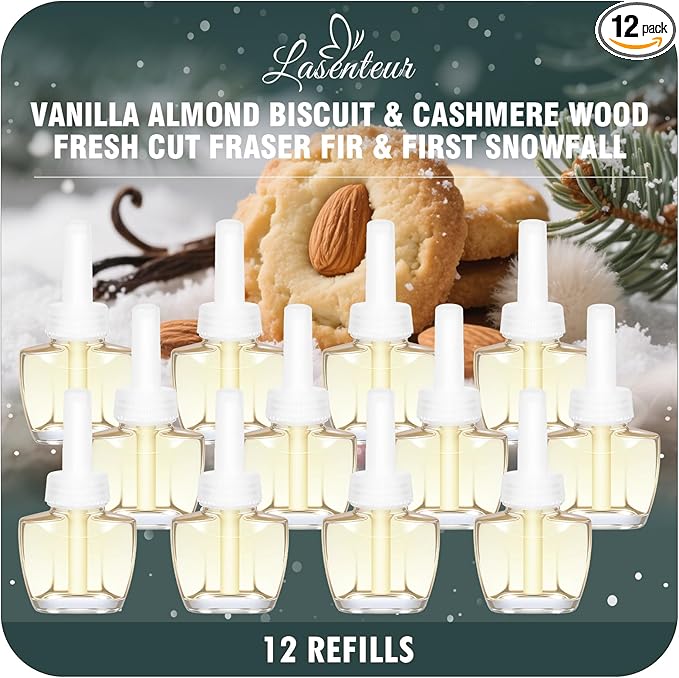 Plug in Air Freshener Refills – Vanilla Almond Biscuit Cashmere Wood Fresh Cut Fraser Fir &amp First Snowfall Scents for Home 12 Pack Compatible with Air Wick &amp Glade Not Include Glade Plus