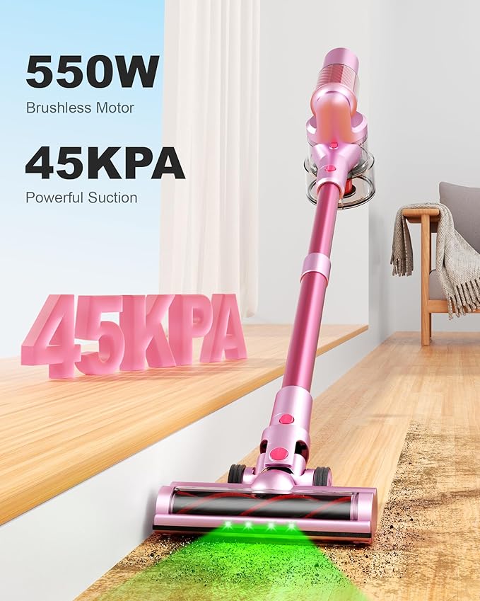 Pink Cordless Vacuum Cleaner 45Kpa/550W/60 Mins Runtime Stick Vacuum with Self-Standing and Touch Screen Anti-Tangle Wireless Vacumm Vacuum Cleaners for Home/Pet Hair/Carpets/Floors