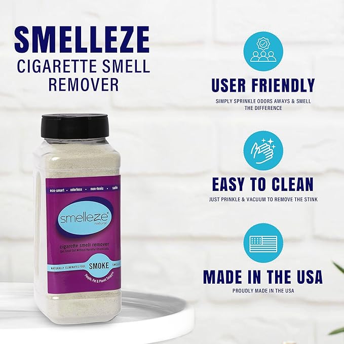 SMELLEZE Natural Cigarette Odor Eliminator Deodorizer: 2 lb. Powder Removes Smoking Stink