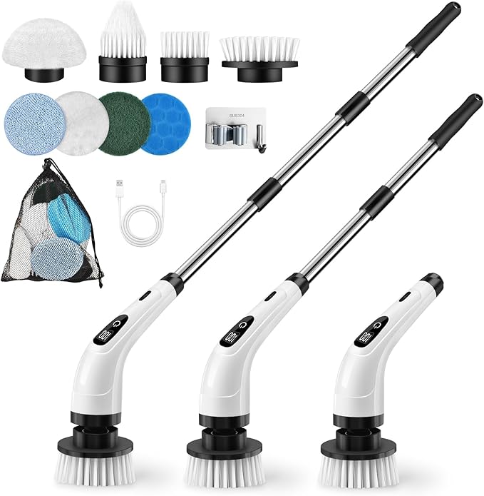 GOXAWEE Electric Spin Scrubber Cordless Cleaning Brush with 8 Replaceable Brush Heads Power Shower Scrubber with Long Handle for Bathroom Tub Tile Floor (White)