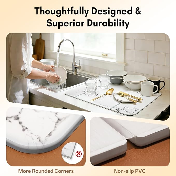 Stone Drying Mat for Kitchen CounterFoldable Quick-Dry Dish Drying MatWater-Absorbent Marble Diatomaceous Earth Mats for Dishes Cups &amp Bottles on Any Countertop(20x16)