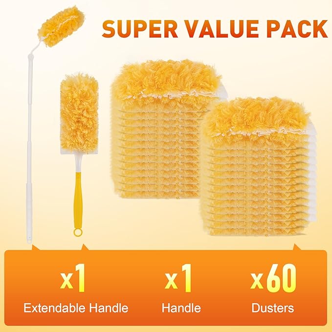 Heavy Duty Duster Refills Disposable Dusters Kit for Cleaning Dusting Furniture Blind Ceiling Fan Multi Surface 360 Feather Duster(60)+3FT Extended Handle +1 Handle